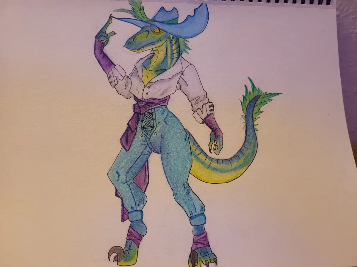 A hand-drawn illustration of a green and blue reptilian humanoid wearing a cowboy hat, a white shirt, and blue pants with a…