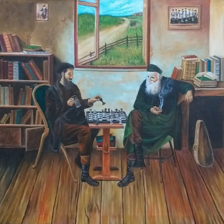 Two men in historical attire sit across a chessboard in a room with bookshelves and a window showing a rural landscape. The…