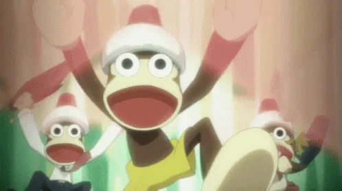 The image shows a sequence of frames featuring animated sock monkeys in festive hats, initially appearing joyful and…