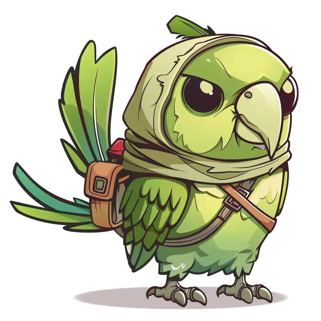 A cartoonish green bird with leaf-like feathers and a brown backpack stands with a tired expression, its eyes half-closed…