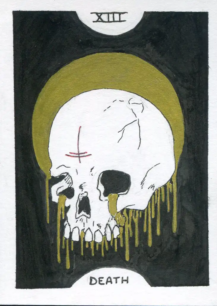 A hand-drawn tarot card depicting the Death card, featuring a white skull with a red cross on its forehead, set against a…