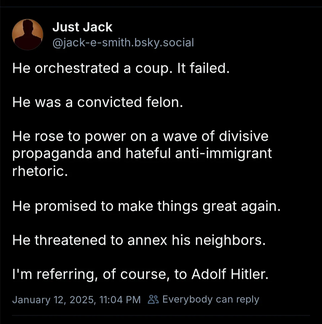 A screenshot of a social media post by 'Just Jack' listing several damning historical facts about a figure, culminating in…