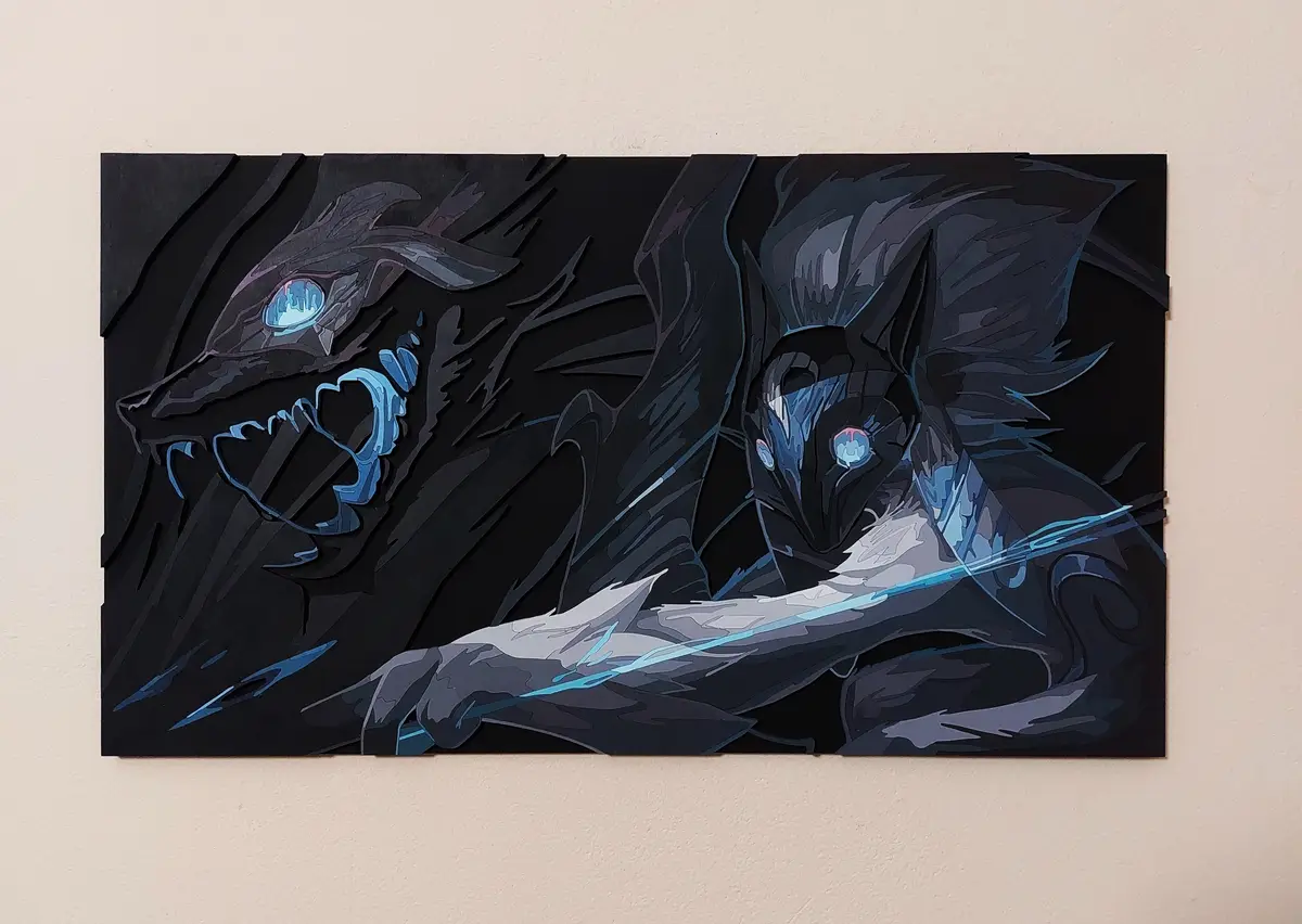 A dark, stylized artwork on a wall depicts two menacing, wolf-like creatures with glowing blue eyes and sharp teeth…