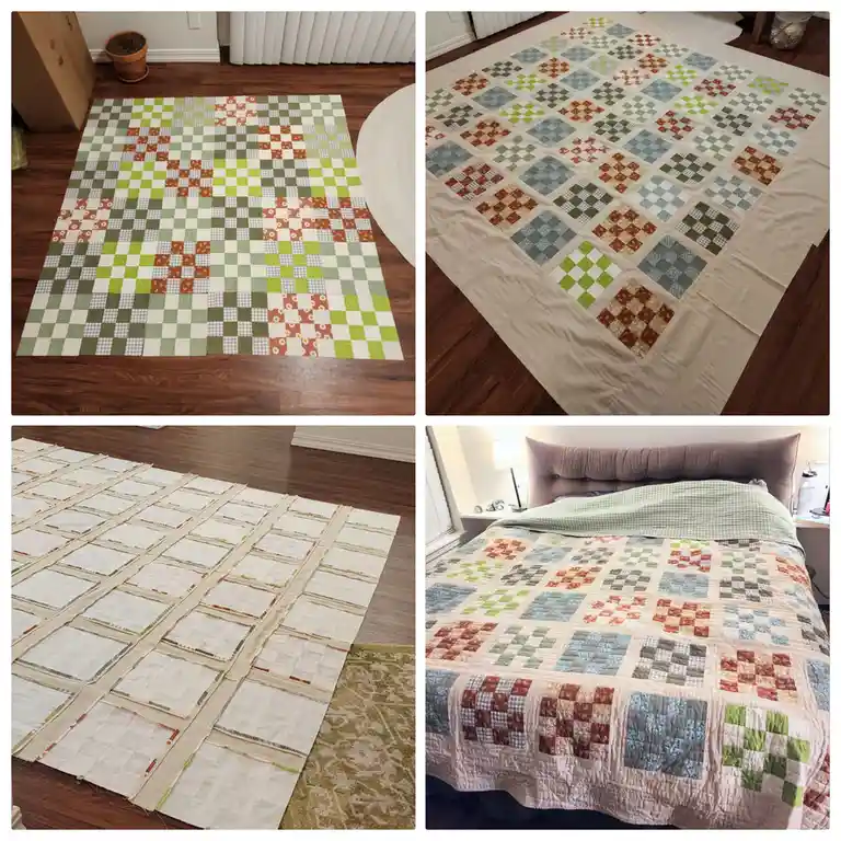 A four-panel collage shows the progression of a handmade quilt: top-left shows fabric squares laid out on a wooden floor…