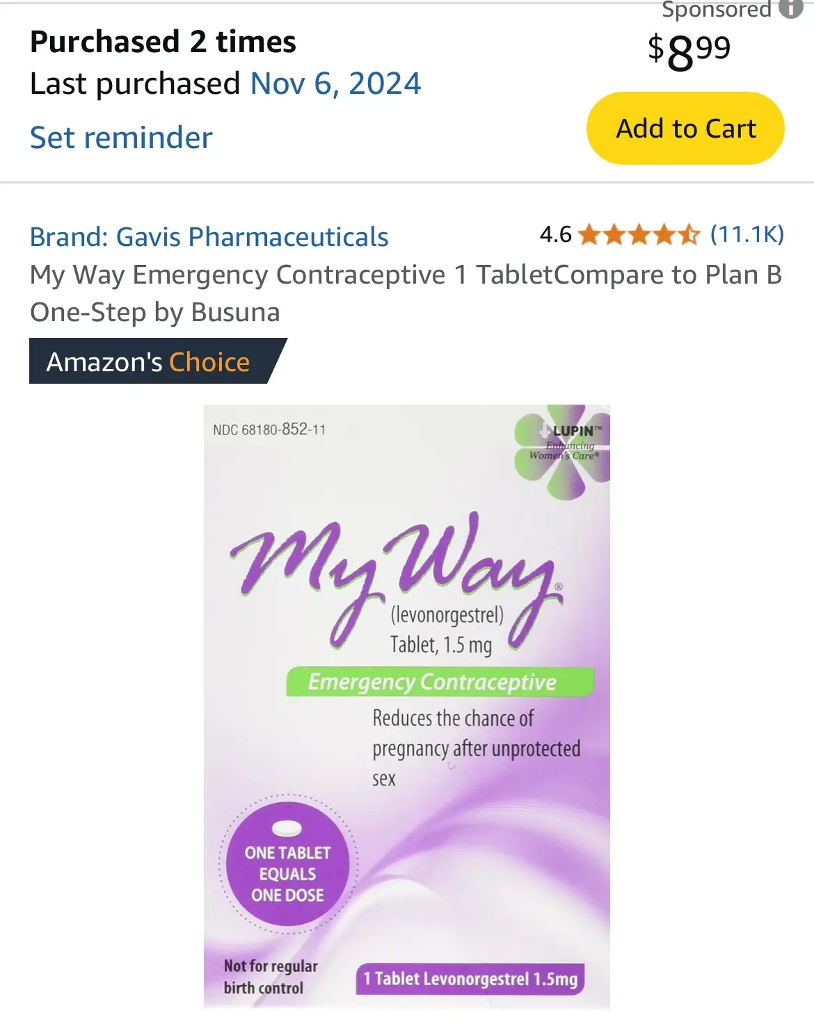 An amazon product page for 'My Way Emergency Contraceptive 1 Tablet' by Gavis Pharmaceuticals, showing the product box with…