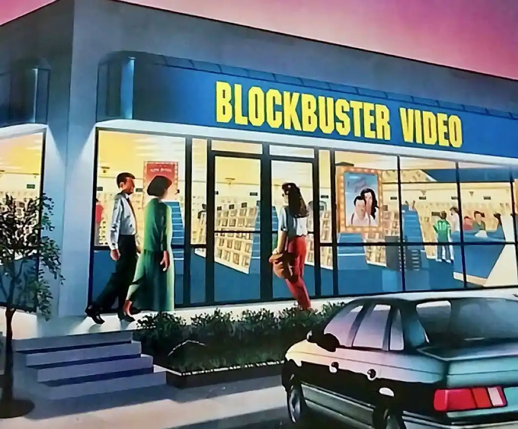 A vintage illustration of a Blockbuster Video store at dusk, with people walking by and a car parked in front. The store's…