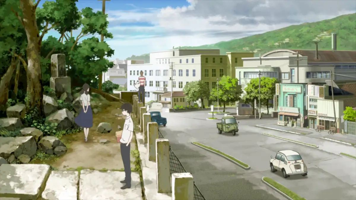 An anime scene depicts a young man in a white shirt standing on a sidewalk, looking toward a girl in a white top and blue…