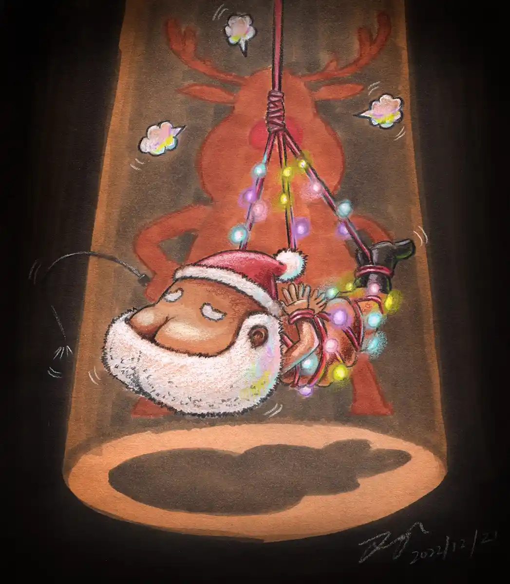 A cartoon-style illustration shows Santa Claus hanging upside down from a reindeer's antlers, tangled in colorful Christmas…