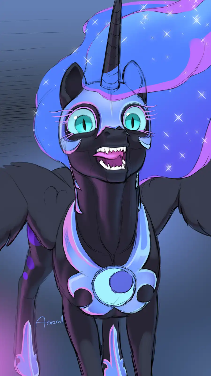 A stylized dark purple unicorn with a black horn, glowing cyan eyes, and a blue and purple mane adorned with sparkles, is…