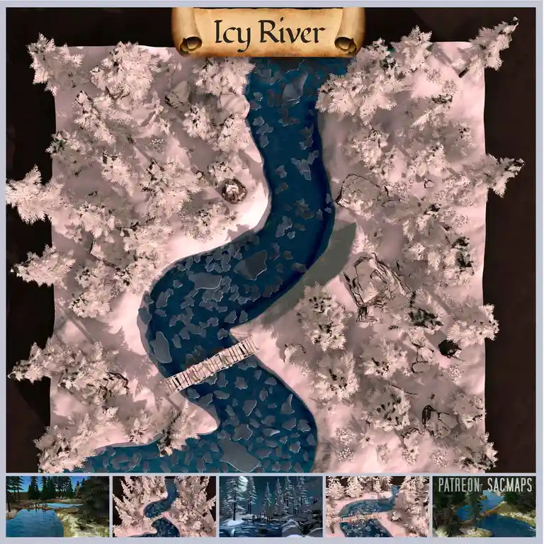 An overhead view of a fantasy map titled 'Icy River' showing a winding blue river filled with ice floes, surrounded by…