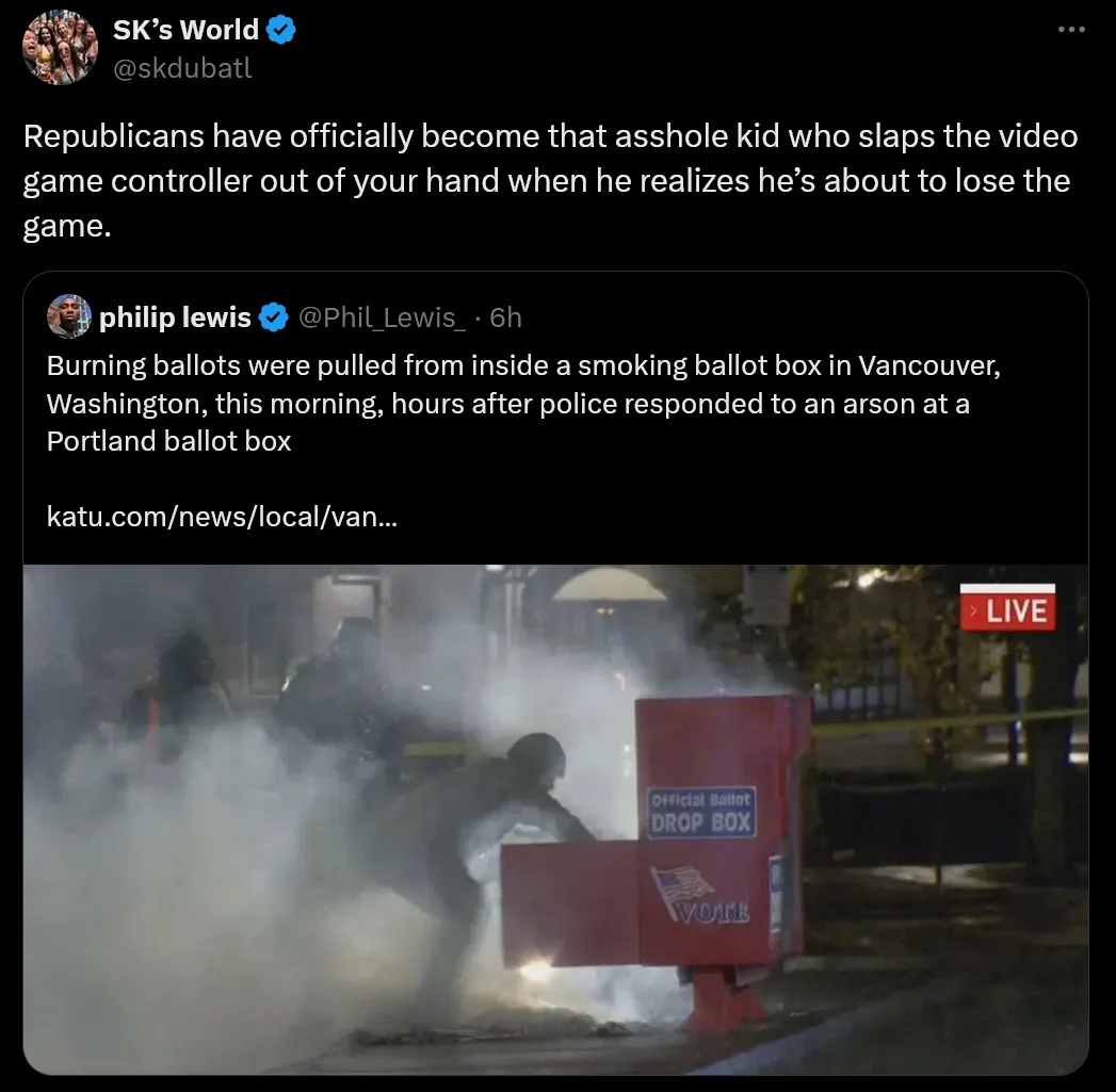 A screenshot of a tweet by 'SK's World' overlays a news image of a red 'Official Ballot DROP BOX' engulfed in smoke and…