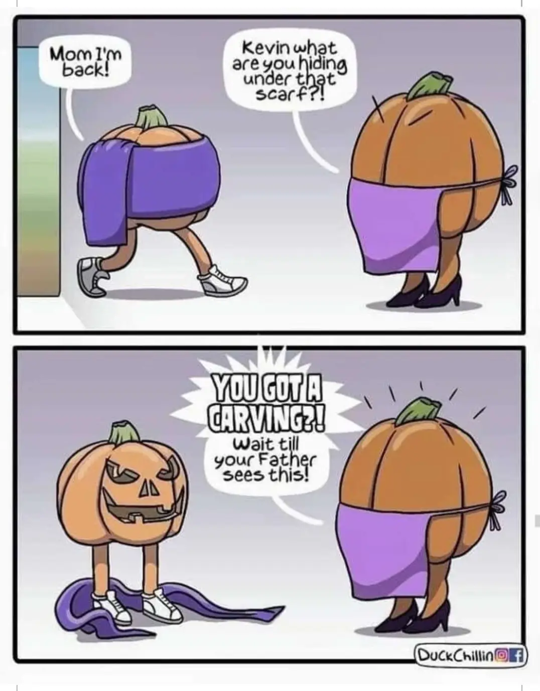 A two-panel comic shows a pumpkin-headed child walking in wearing a purple scarf, which their mother asks about. In the…