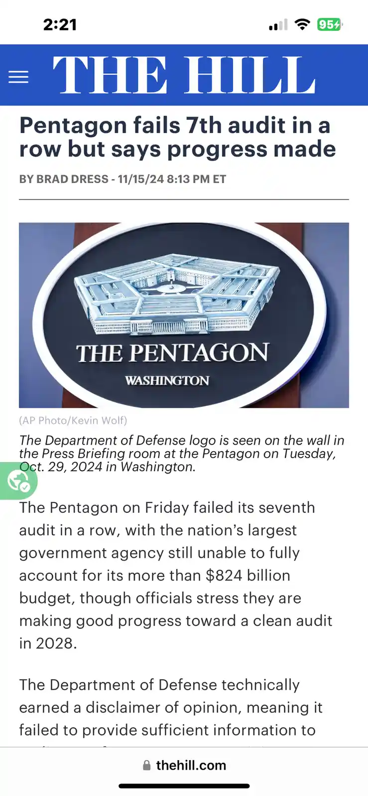 A screenshot of a The Hill news article shows the Pentagon logo and reports that the Department of Defense failed its…