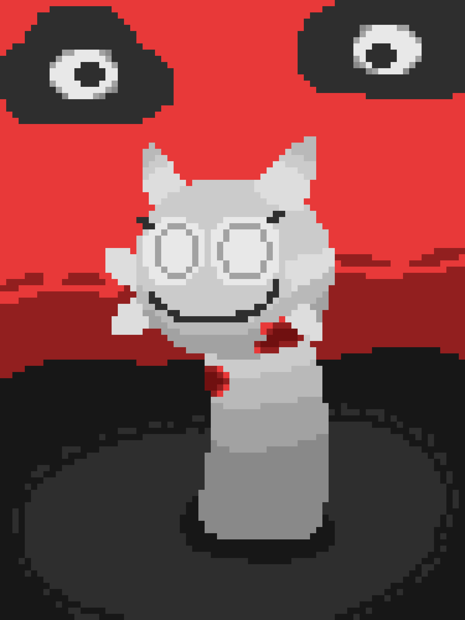 A pixel art image shows a grey, cat-like creature with large eyes and a red bowtie, standing against a red and black…