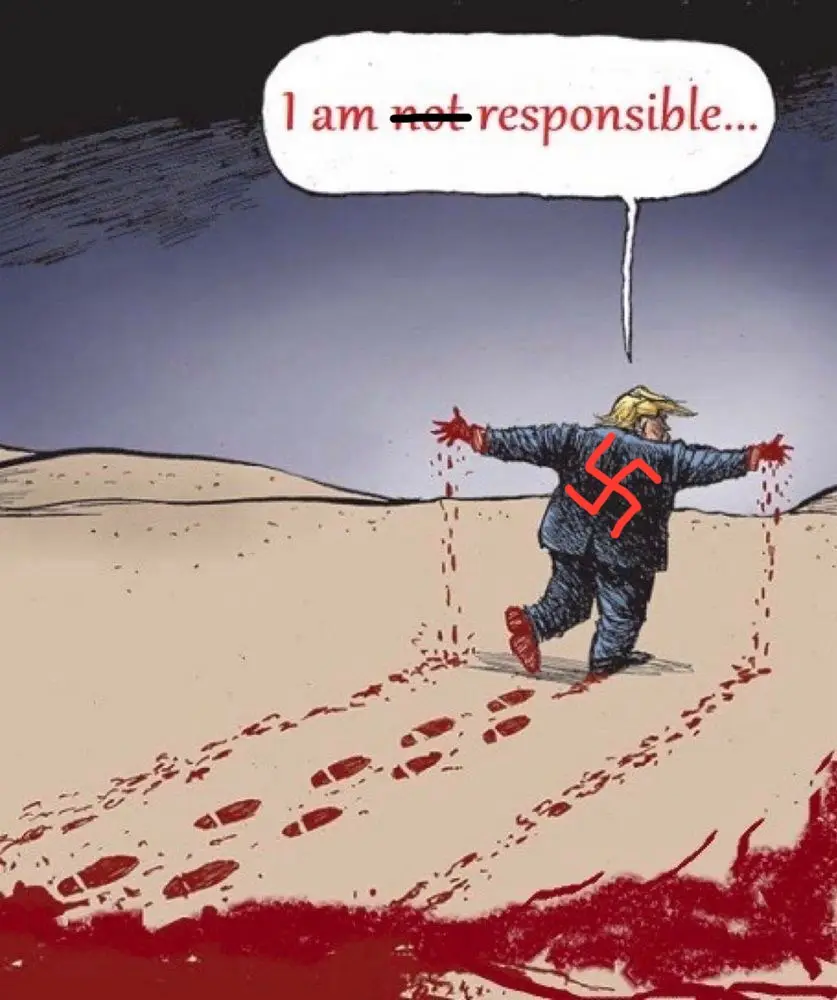 A cartoon depicts a figure resembling Donald Trump, viewed from behind, running across a desert while leaving bloody…