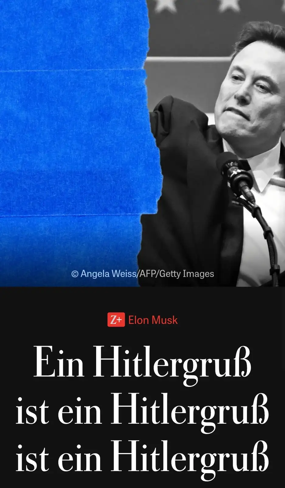 A black-and-white photo shows Elon Musk at a microphone, partially obscured by a large blue textured panel on the left. The…