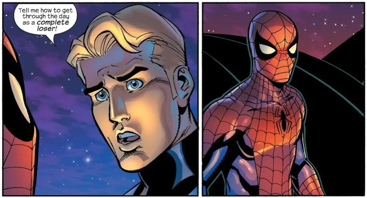 A two-panel comic strip shows a blonde man asking Spider-Man how to get through the day as a complete loser. The second…