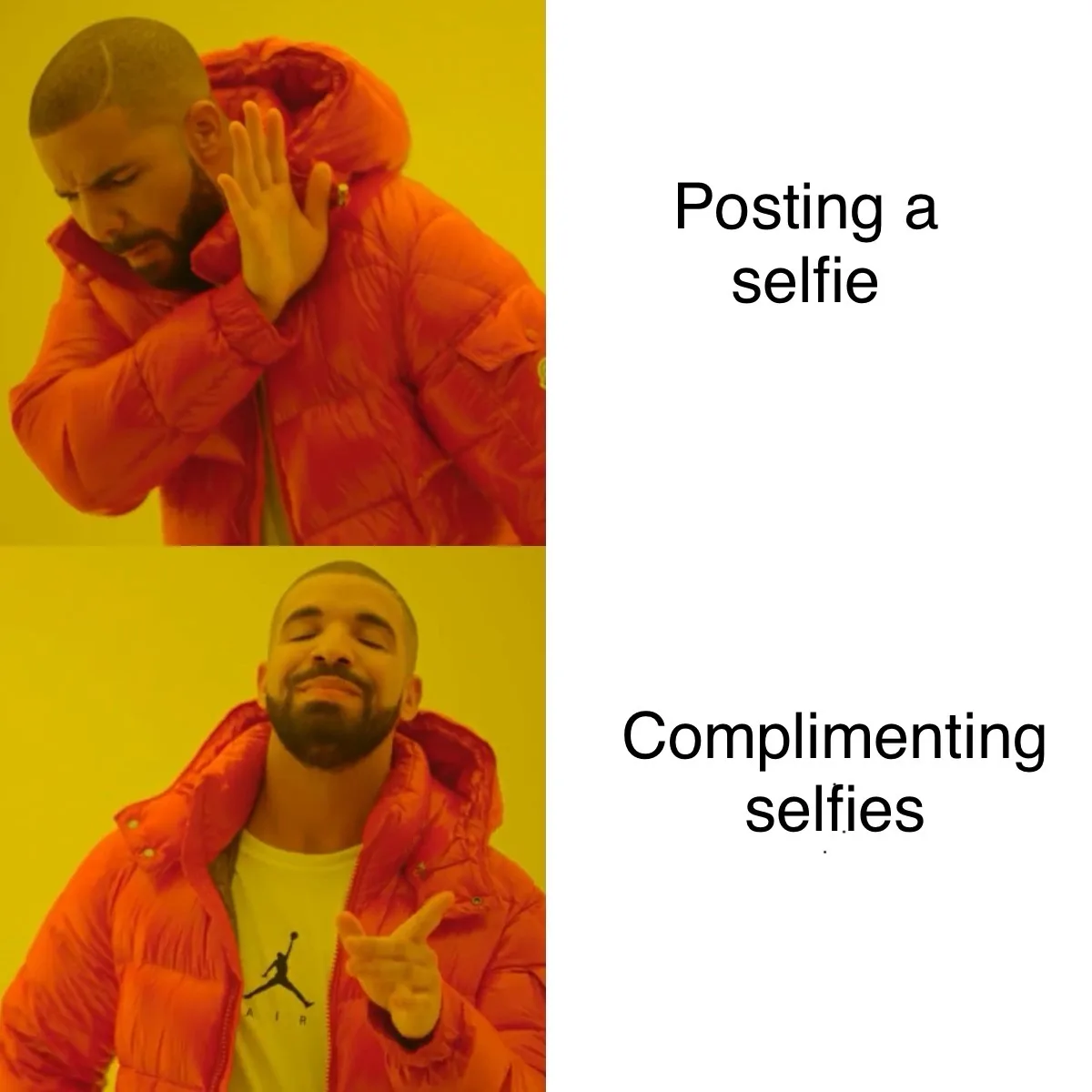 The image shows two panels of Drake in an orange puffer jacket against a yellow background. In the top panel, he covers his…