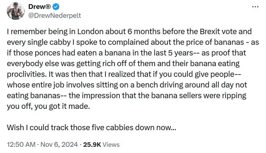A screenshot of a tweet by Drew Nederpelt showing a long text about his anecdote from London before Brexit, where taxi…