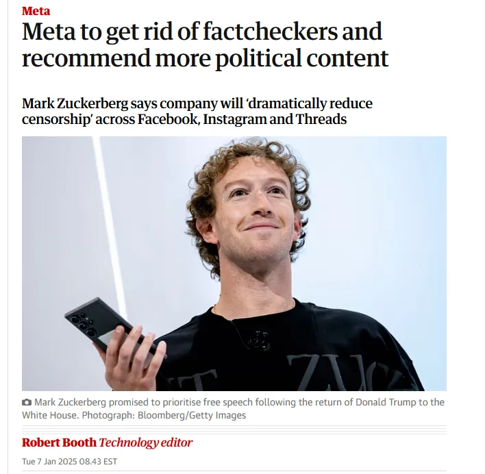 A screenshot of a news article headline about Meta removing fact-checkers and promoting political content, featuring a photo…