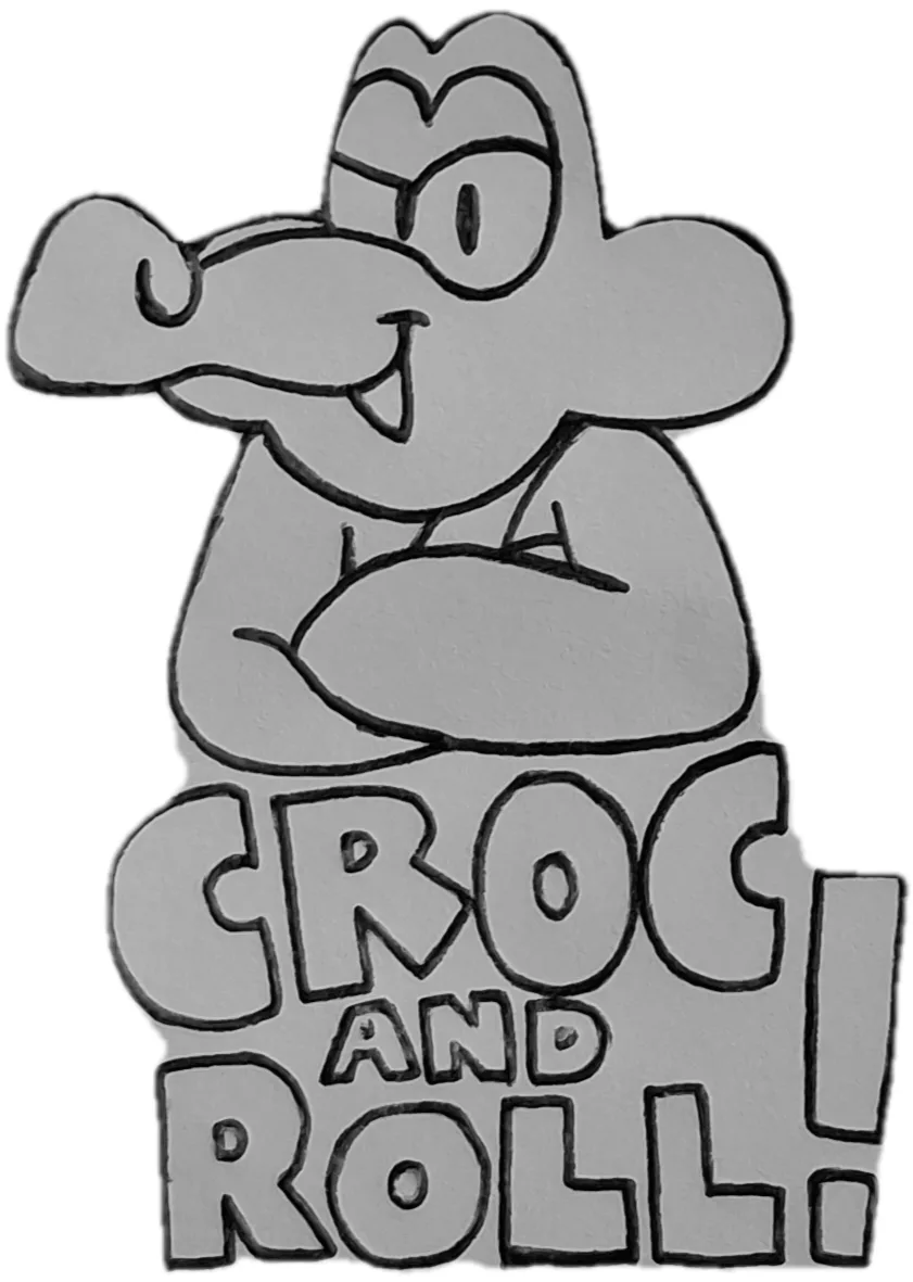 A grayscale cartoon drawing of a smiling, anthropomorphic crocodile with arms crossed, standing above bold text that reads…