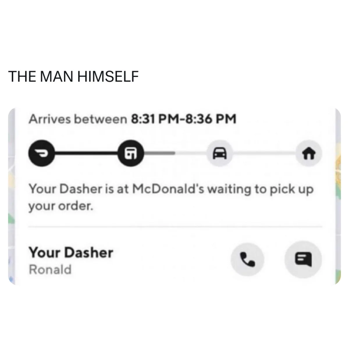 A screenshot of a DoorDash app notification shows a delivery ETA of 8:31-8:36 PM, with the dasher named Ronald currently at…