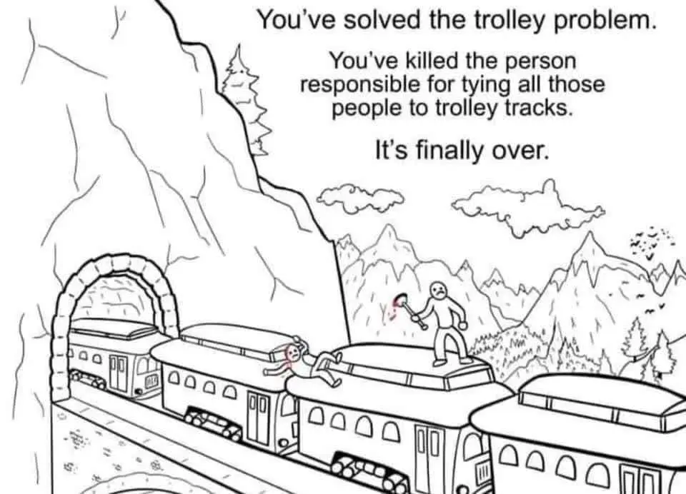 A black-and-white line drawing shows a train emerging from a tunnel, with several people tied to its roof. A stick-figure…