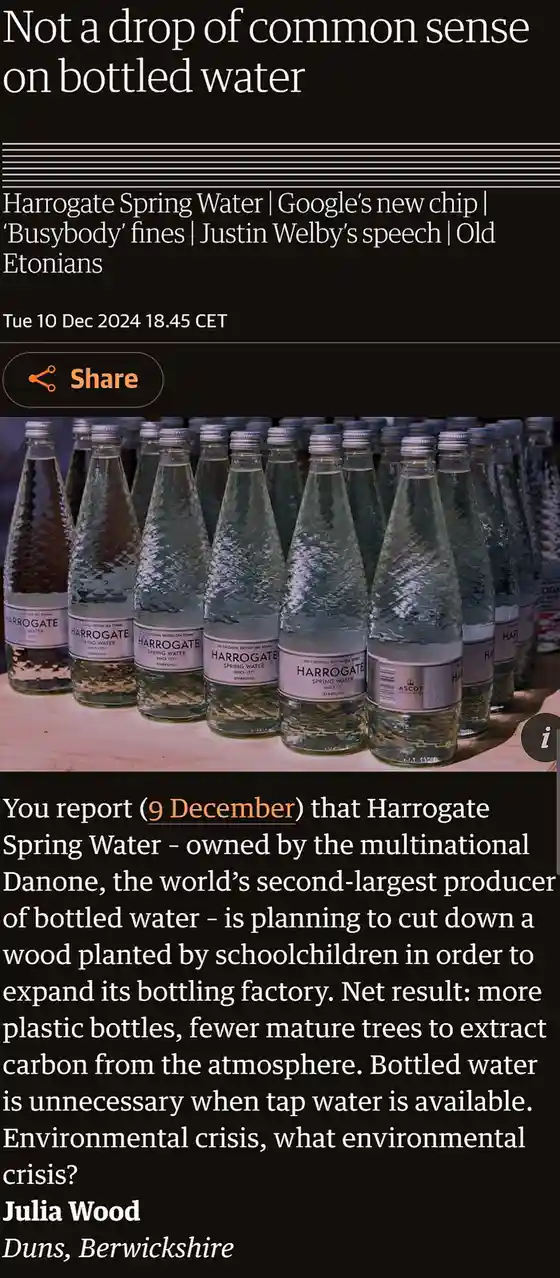 An image of numerous Harrogate Spring Water bottles arranged in rows, overlaid with a newspaper-style article headline and…