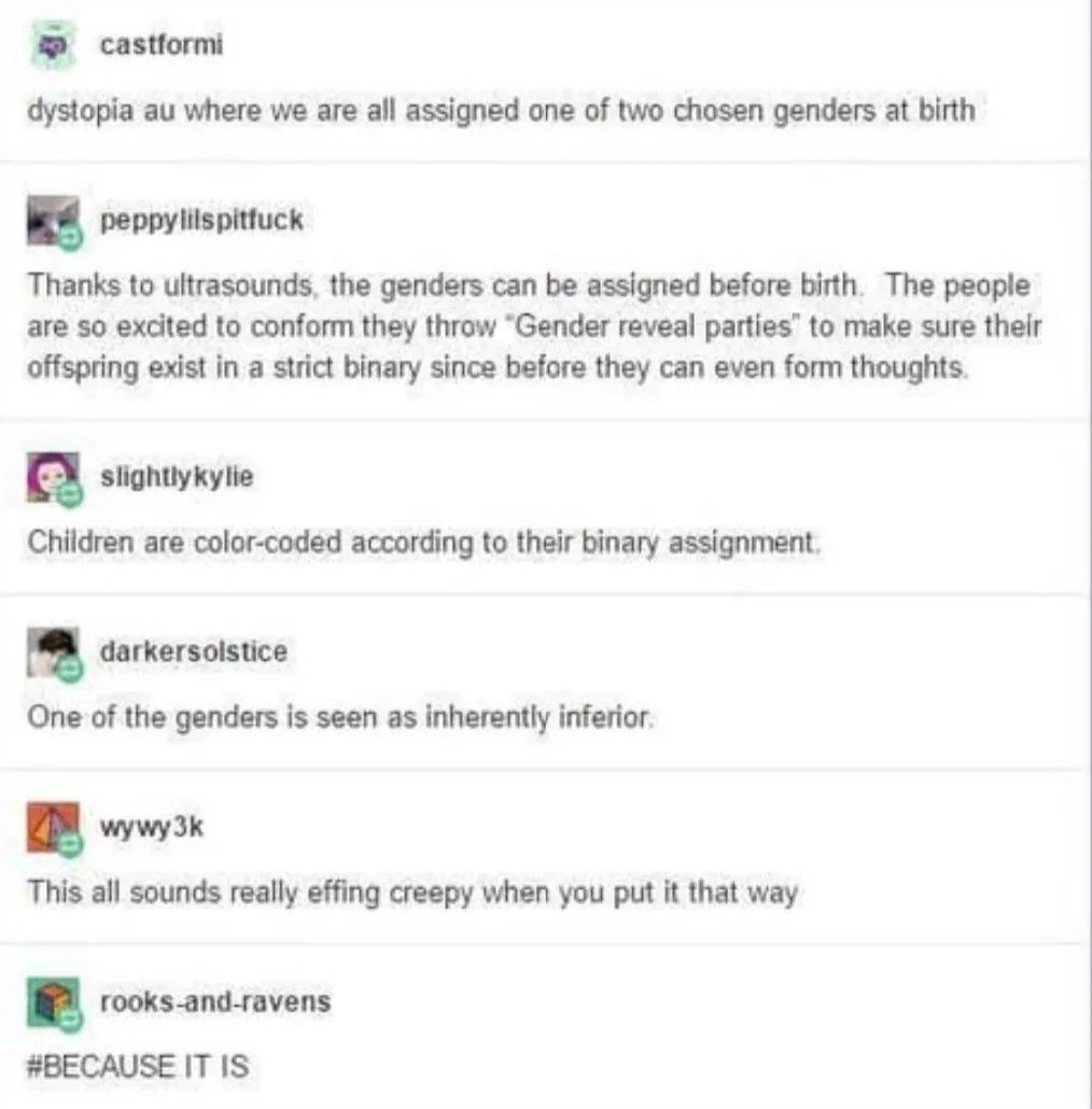 A screenshot of a Reddit thread where users describe a dystopian alternate universe with rigid gender assignment at birth…