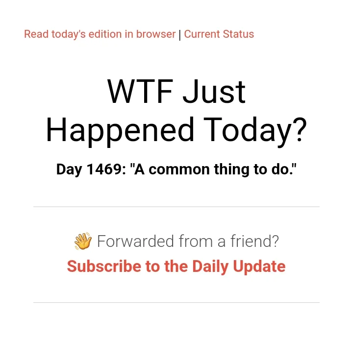 The image displays a screenshot of a daily newsletter email with the headline 'WTF Just Happened Today?' and a subheading…