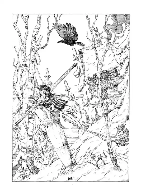 A black-and-white line drawing depicts an elderly man with long hair and a crown-like hat, playing a long flute in a snowy…