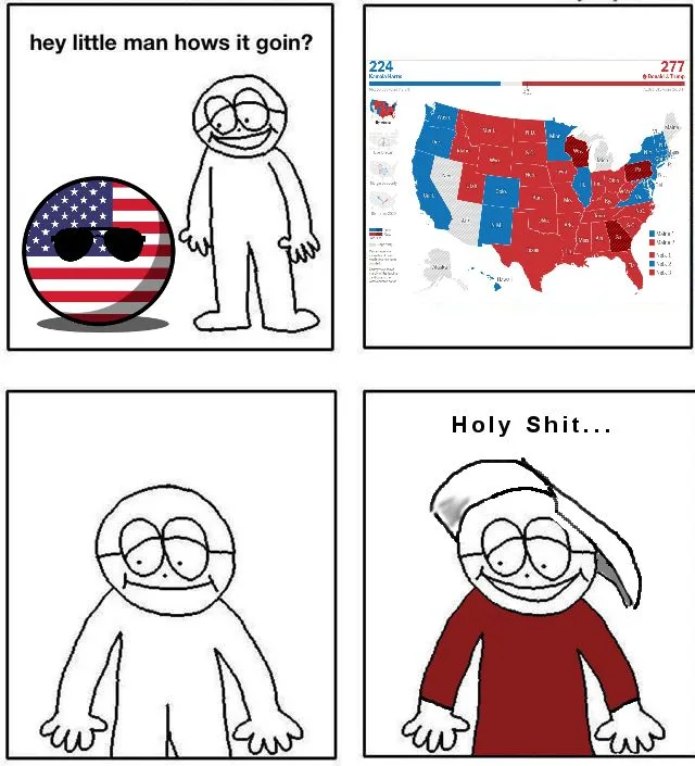 A four-panel comic strip featuring a simple stick figure character. In the first panel, a round American flag character with…
