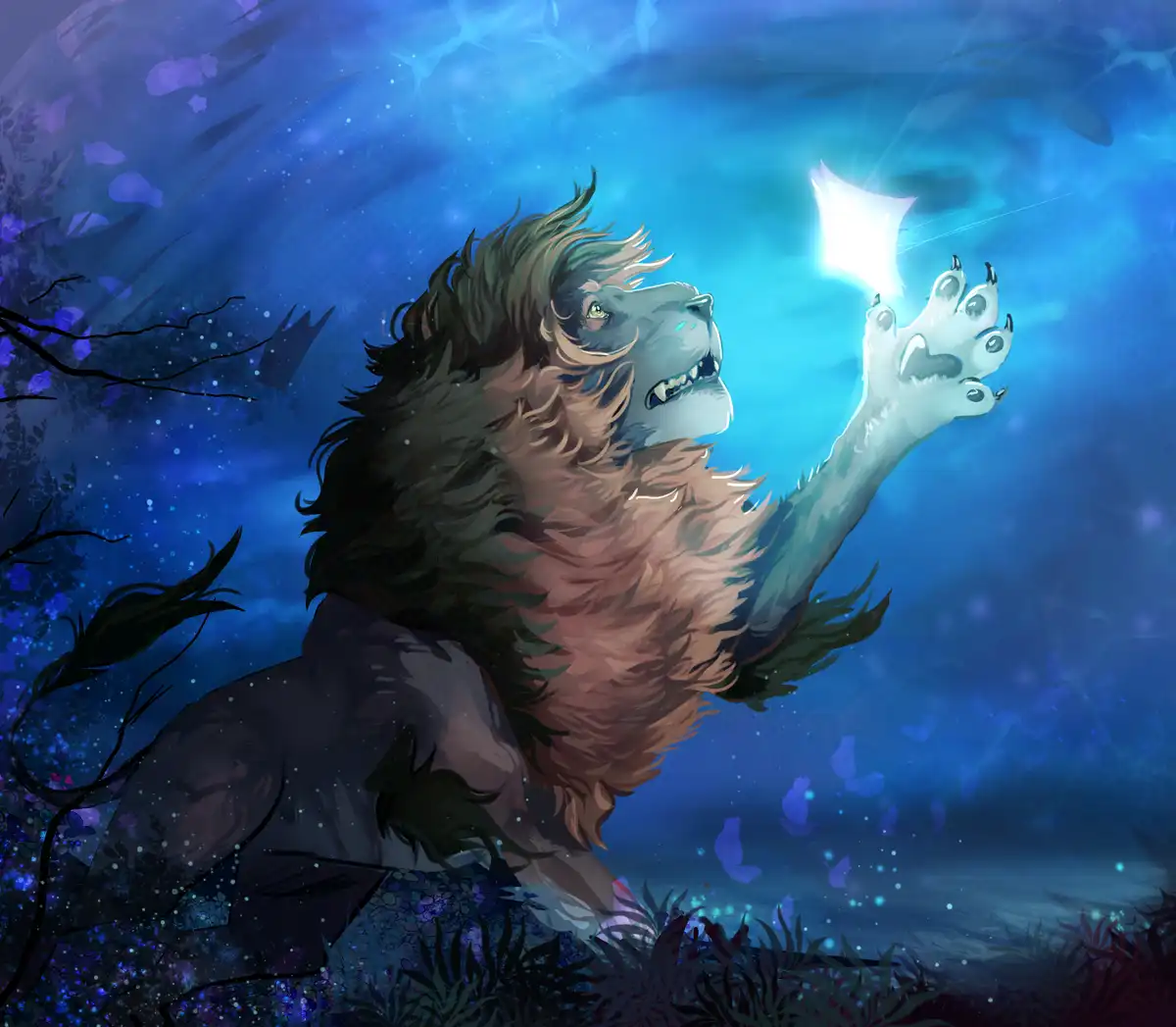 A majestic, furry lion-like creature with glowing eyes and a mane of brown and dark fur stands in a mystical blue…