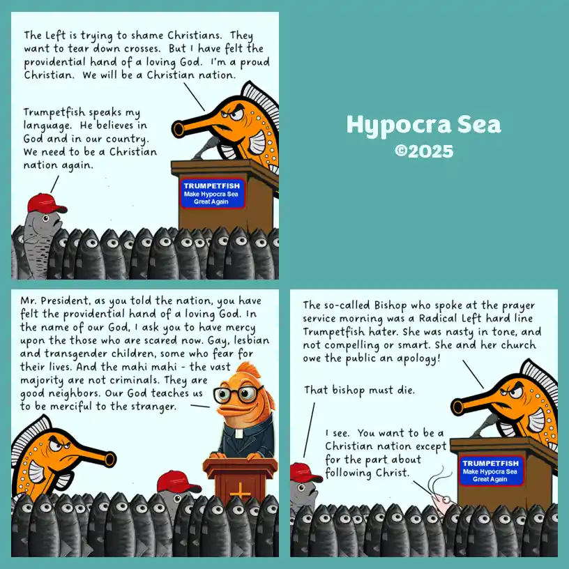 A political cartoon featuring anthropomorphic fish, with a Trumpetfish giving a speech from a podium labeled 'TRUMPETFISH…