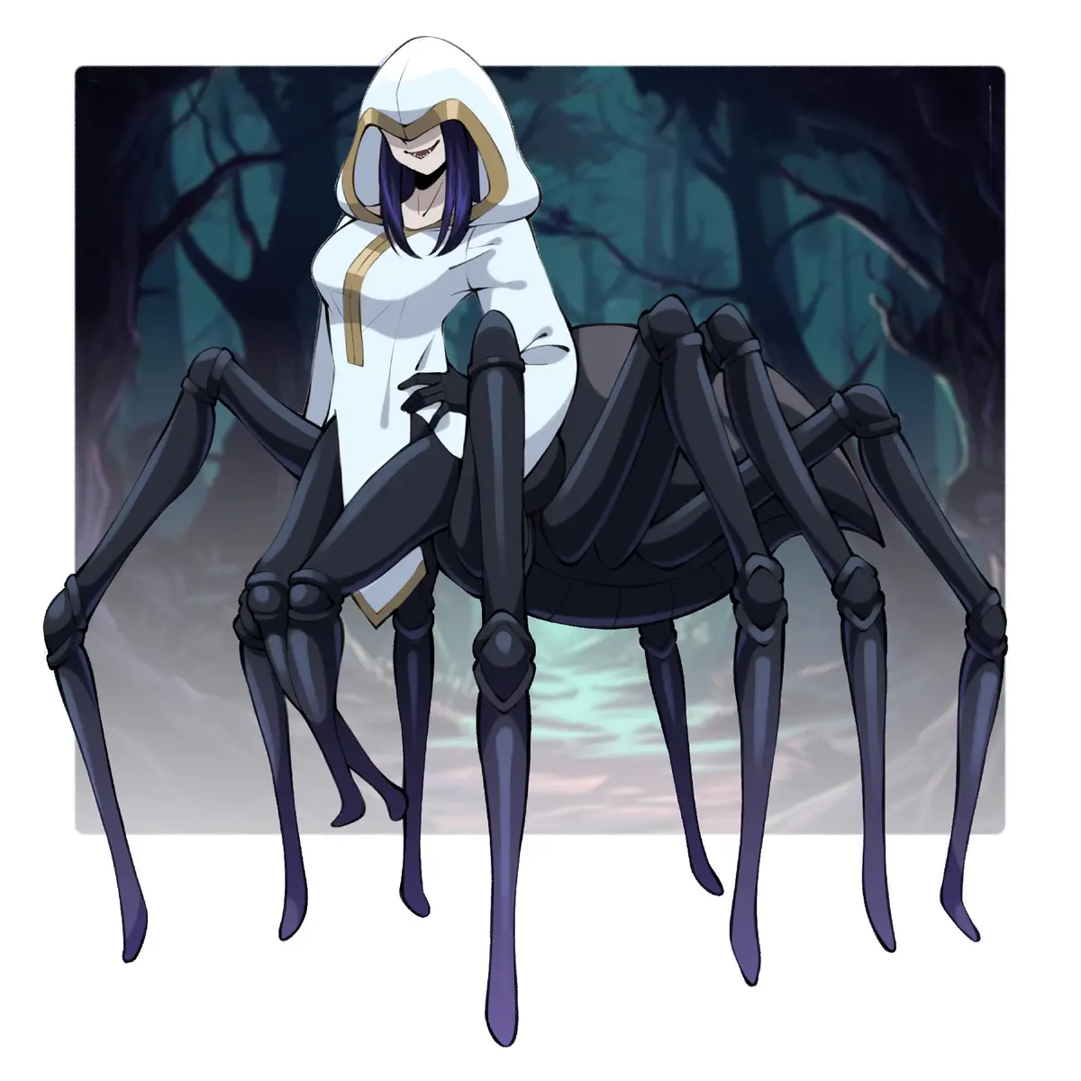 An anime-style character with purple hair and a white hooded robe is seated atop a large, dark, mechanical spider with…
