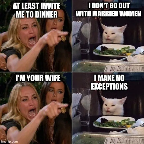 A four-panel meme featuring a woman yelling and pointing in the top-left and bottom-left panels, with text overlays reading…