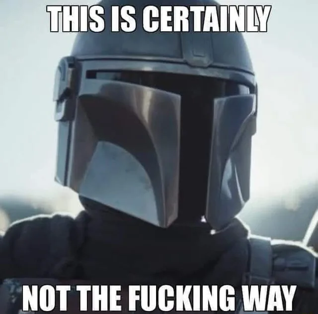 A close-up image of The Mandalorian from Star Wars, wearing his iconic helmet and dark armor, looking forward with a stern…