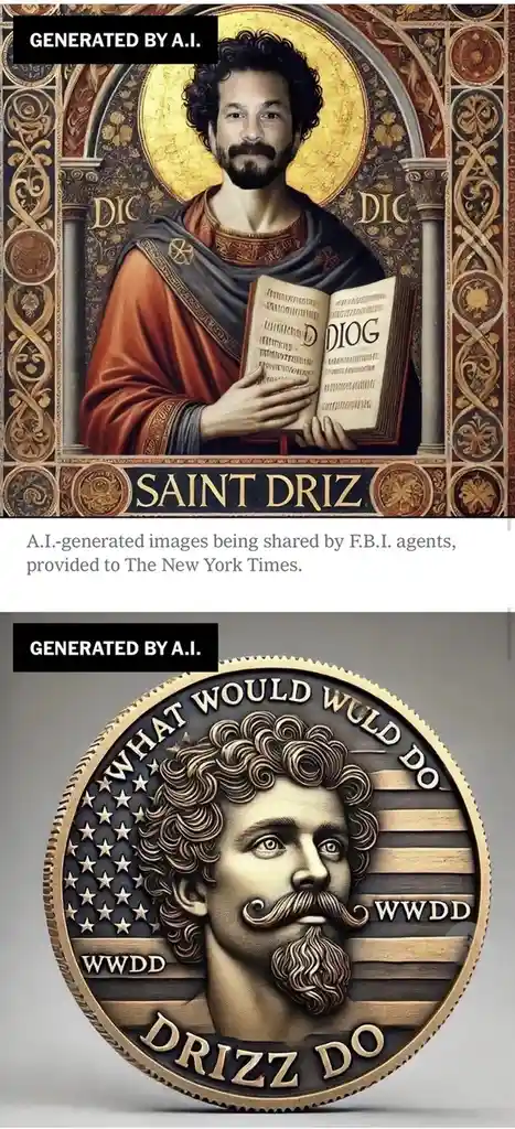 The image displays two AI-generated illustrations: the top shows a man in religious iconography labeled 'SAINT DRIZ' holding…