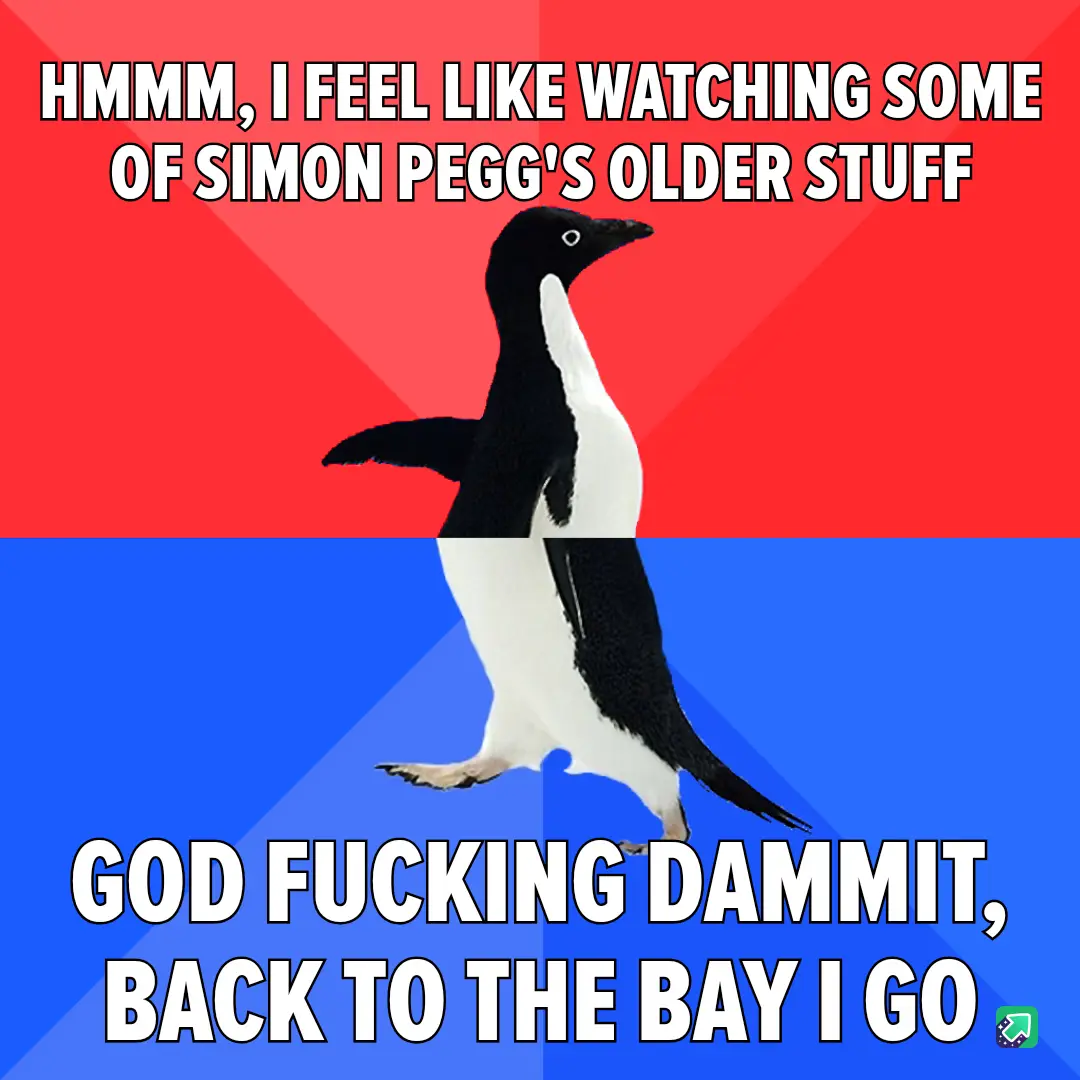 A penguin stands in the center of a split red and blue background. The top text reads 'HMMM, I FEEL LIKE WATCHING SOME OF…