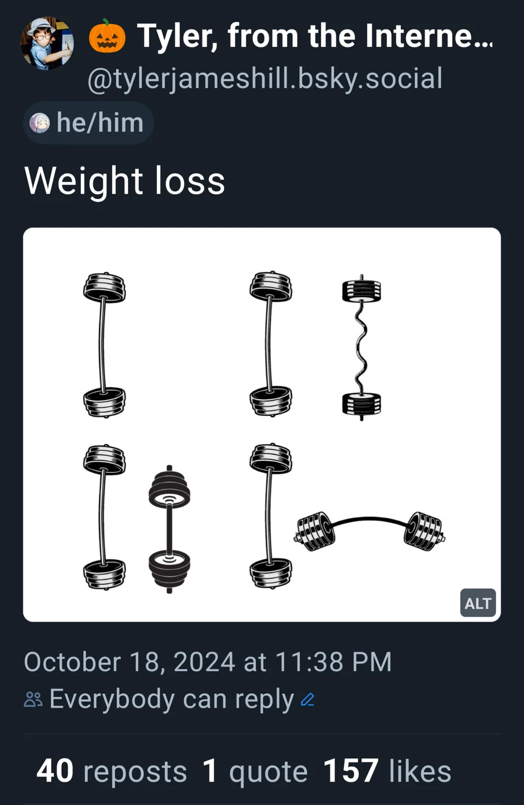 A social media post by Tyler shows a black-and-white illustration of six dumbbells arranged in two rows. Five of the…