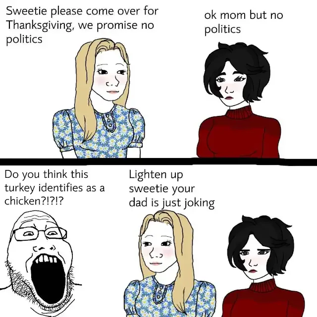 A two-panel comic shows a blonde woman inviting a black-haired woman over for Thanksgiving with a 'no politics' promise…