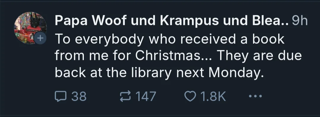 A screenshot of a social media post from a user named 'Papa Woof und Krampus und Blea..' who humorously informs recipients…