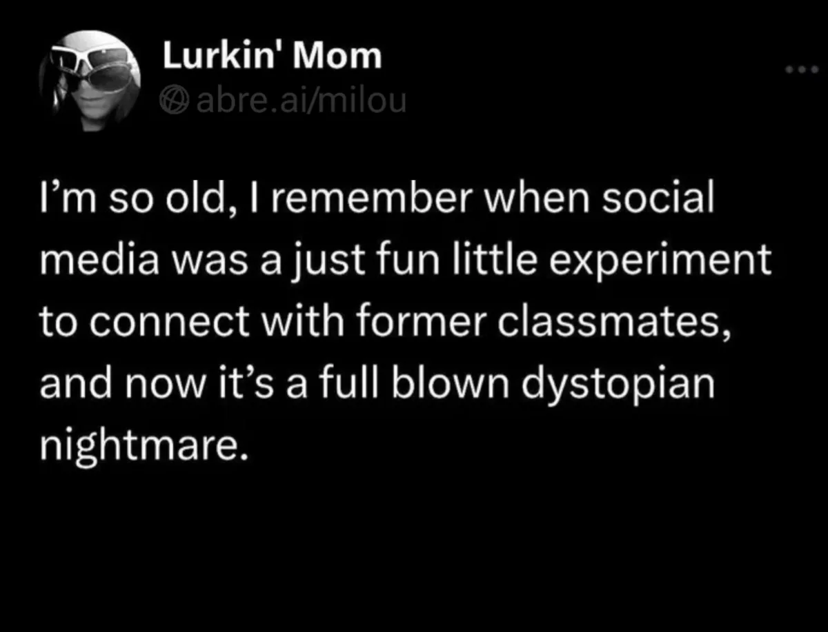 A black background image mimicking a social media post from a user named 'Lurkin' Mom' with a profile picture of a person…