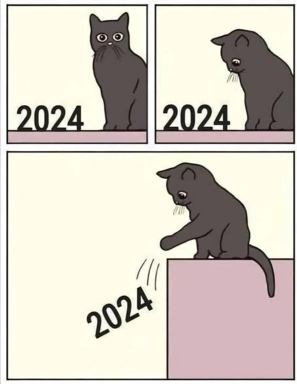 A three-panel comic strip featuring a cartoon black cat. In the first panel, the cat looks up with wide, innocent eyes at…