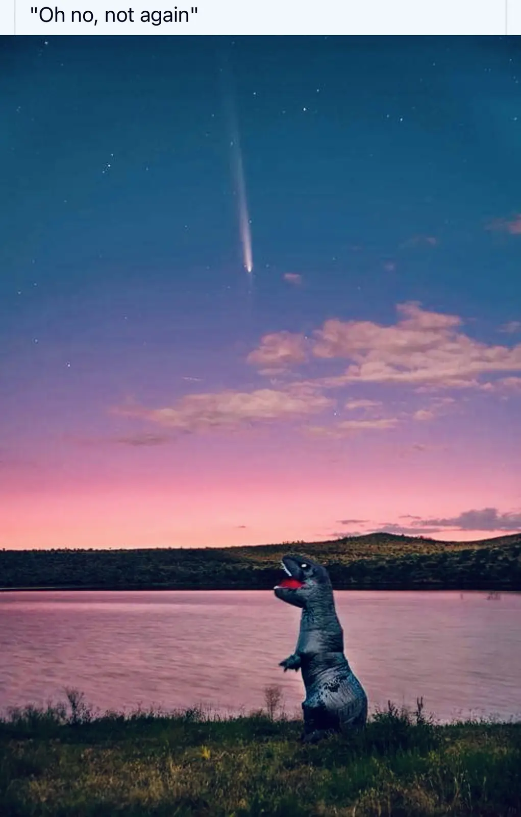 A person in a dinosaur costume stands on a grassy bank beside a calm lake, looking up in apparent horror at a bright comet…