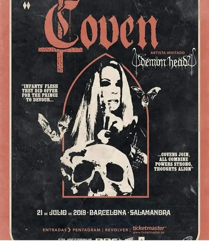 A vintage-style black-and-white concert poster for the band Coven, featuring a central image of a woman with long hair…