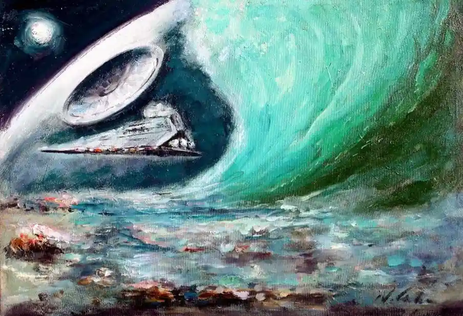 A painting depicts a Star Wars Death Star spaceship riding a massive, turquoise ocean wave under a moonlit sky, with the…