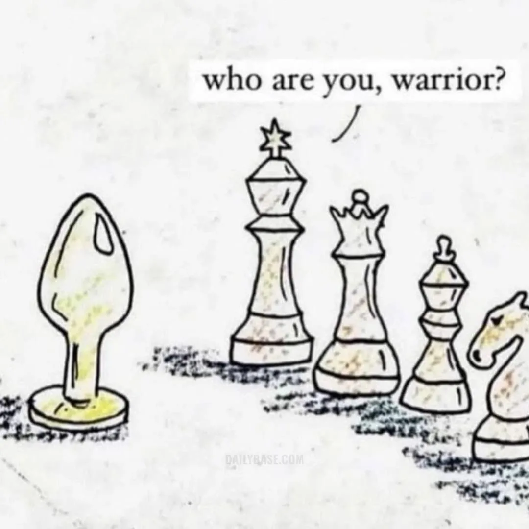 A hand-drawn image shows a yellow condom standing upright on the left, facing a line of four white chess pieces — a king…