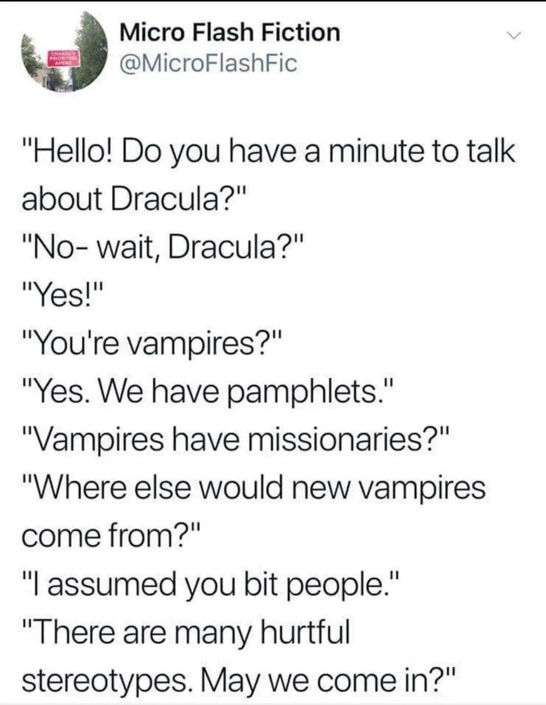 A screenshot of a Twitter post by 'Micro Flash Fiction' showing a short, humorous dialogue where a person asks about…