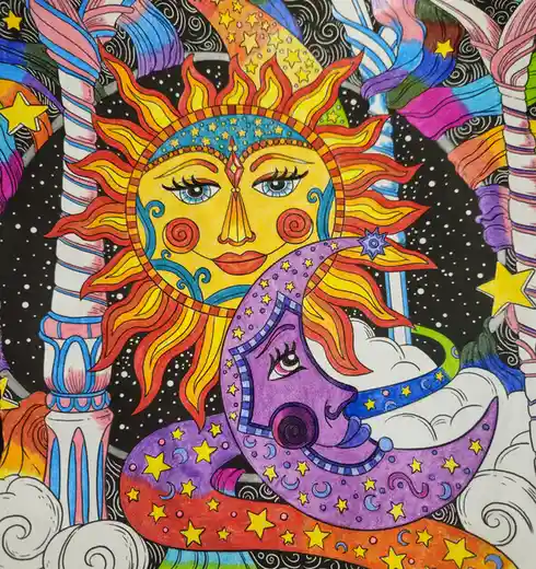 A colorful, stylized drawing depicts a yellow sun with a face and red-orange rays, and a purple crescent moon with a face…